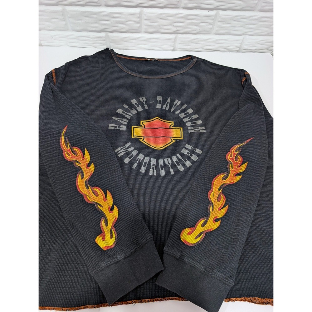 Y2K Harley Davidson Thermal Shirt Mens 2XL Black Flame Sleeve Waffle Knit Biker